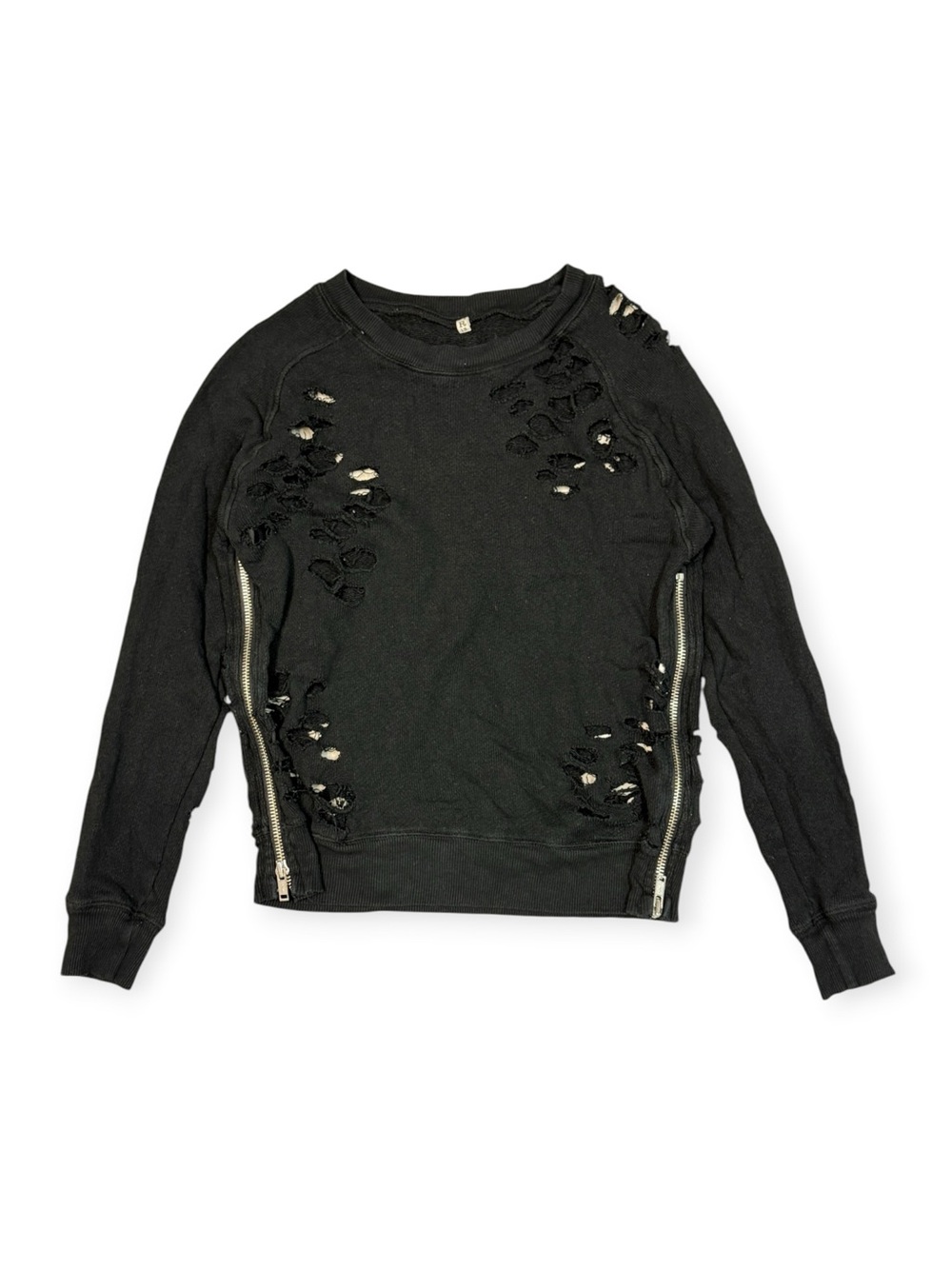 R13 Black Distressed Crew Sweatshirt with Exposed Zippers